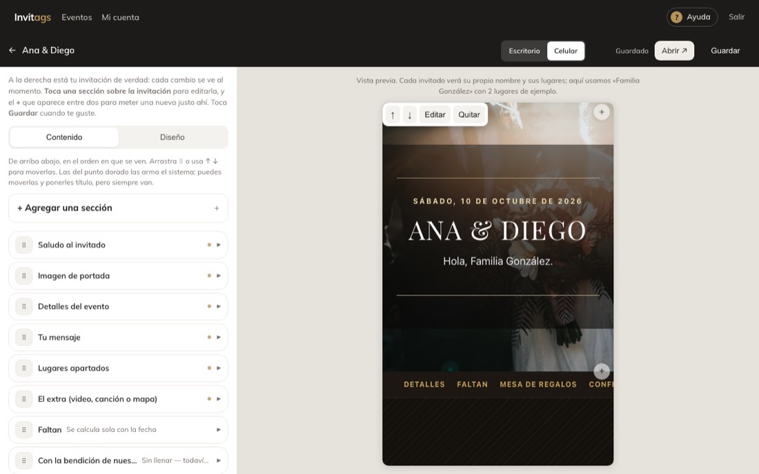 El editor de la invitación con la vista previa